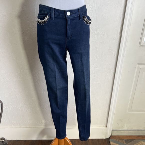 Michael Kors Blue dark rinse Leather & Gold braided Metal Chain Skinny Jeans 2 - Picture 1 of 16